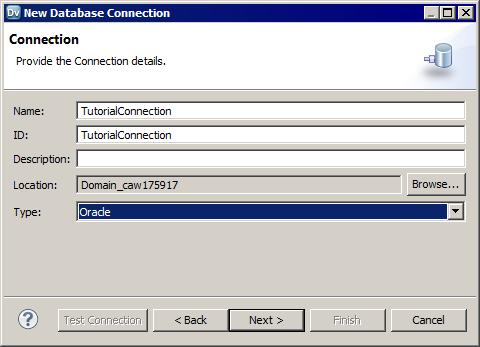 The following figure shows Oracle selected as the database connection type: 6. Click Next. 7.