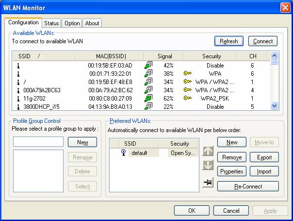 Configuration The wireless USB adapter utility will find all the available Access Points and then list them automatically for you to choose from. The following figure is just an example.