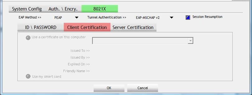 between the WLAN client and the access point. Tunnel Authentication: Protocol: Tunnel protocol, List information including EAP-MSCHAP v2 and EAP-TLS/ Smart Card. Tunnel Identity: Identity for tunnel.