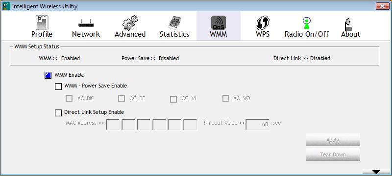 WMM/ QoS The WMM page shows the Wi-Fi Multi-Media power save function and Direct Link Setup that ensure the wireless network linking quality.