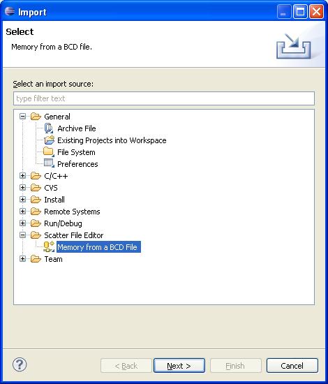 Working with editors 4.11 Importing a memory map from a BCD file To import a memory map from a BCD file: 1. Select Import from the File menu. Select Scatter File Editor Memory from a BCD File.