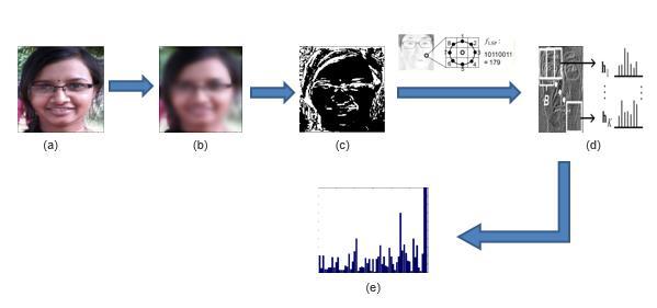Fig-4: (a) Original face. (b) Diffusion speed map scaled from [0, 255]. (c) Procedure for computing flsp at each pixel position. (d) LSP image.