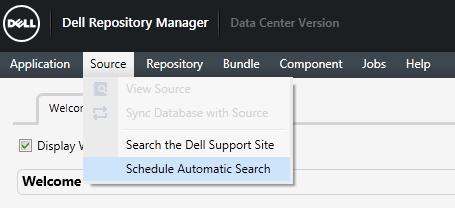 Using Scheduled Automatic Search To launch the Automatic Search Scheduler from Dell Repository Manager Click on the drop down menu Source -> Schedule Automatic Search.