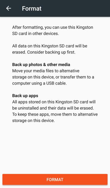 7. Tap the SD card name below Device storage. 8. Tap Format as portable. 9. Tap Format. The SD card is formatted and mounted to the phone as portable storage.