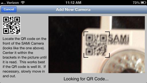 Hold your iphone up to the SAMi camera so that the code is centered in the brackets as above.
