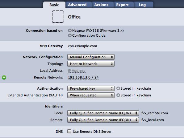 Step 2 Configure the VPN Connection ➍ ➎ ➋ ➌ VPN Gateway: Enter your NETGEAR s public IP address or its host name (in this example, we are using the host name vpn.example.com ) Local Address: Leave empty for now.