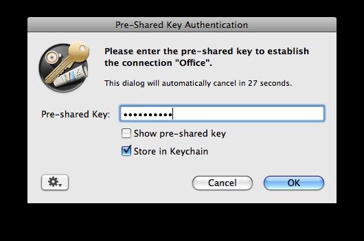 When you are prompted for your pre-shared key: ➊ Pre-shared key: Enter the pre-shared key that you configured on the NETGEAR device ➊ Optionally, check the box Store in Keychain to save the password