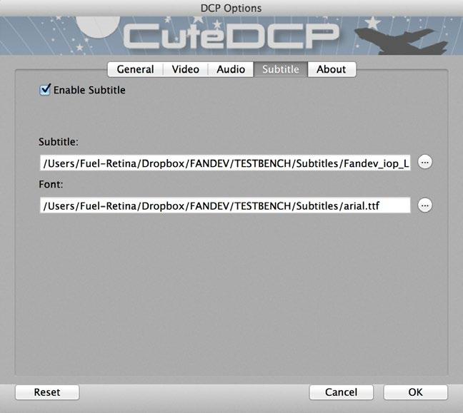 14. Subtitle tab Enable Subtitle: when enabled, a subtitle track is added to the dcp. Subtitle: Select your subtitle file here.