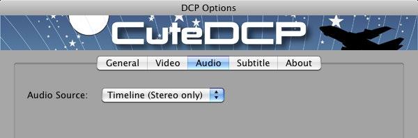 13. Audio tab Audio Source: When Timeline (Stereo Only) is selected, the DCP stereo track will be created from your timeline. Note: After Effects only supports stereo from timeline.