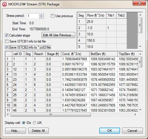 2. Select MODFLOW Optional Packages STR Stream to bring up the MODFLOW Stream (STR) Package dialog (Figure 9).