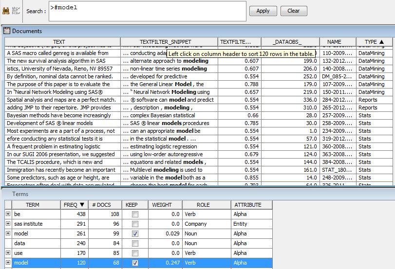 Display 4: Searching for terms in documents using Interactive Filter Viewer In this case study, you do not require a great deal of modification to the terms list.