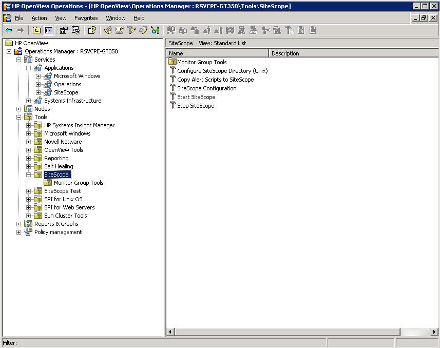 The examples below show the SiteScope Adapter tools available from the OVO for Windows console for the SiteScope Tools folder and the Monitor Group Tools folder.