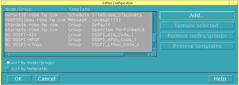 7 The Define Configuration now contains the Schedule SiteScope_Discovery template for the OVO for UNIX server system as shown below.