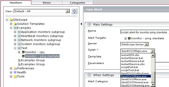 12 In Main Settings, Template drop-down box, make sure Default is selected as template for this SiteScope Adapter script alert. 13 Click on the down-arrow for When Settings.