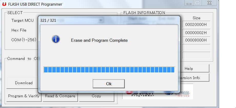 cable, and click OK.. Click OK button in Erase and Program Complete window.