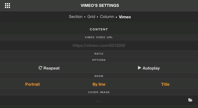 Video In the Element Inspector, Setting is the only different setting of this element: Setting: Video Source URL: Add the source URL for your video here.