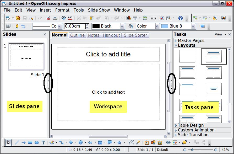 The main Impress window The main Impress window (Figure 2) has three parts: the Slides pane, the Workspace, and the Tasks pane.