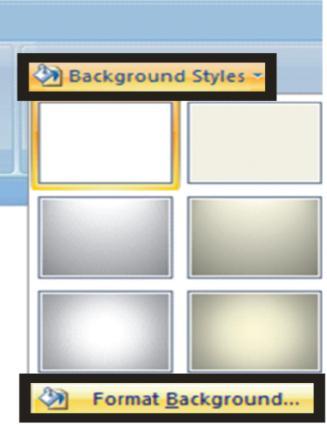 Chapter 03, Designing a look Create a Picture or Texture Background Style 1. Click the Design tab, click the Background Styles button, and then click Format Background. 2.