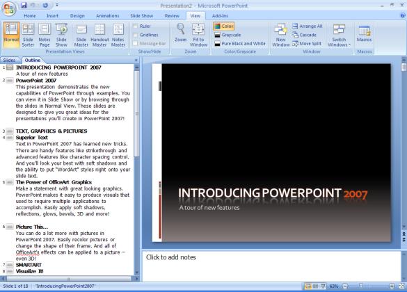 Chapter 01, Introduction to MS PowerPoint 2007 Slide Show view Slide Show view presents your slides one at a time. Use this view when you're ready to rehearse or give your presentation.