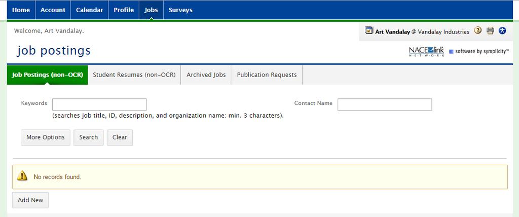 The Jobs tab is where you can create and post non-ocr jobs, which means that you will not be coming on campus to interview your selected candidates.