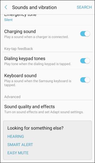 Sound Quality and Effects Select options for sound quality while headphones or compatible Bluetooth headsets or speakers are connected. 1. From home, tap Apps > Settings. 2. Tap Sounds and vibration.