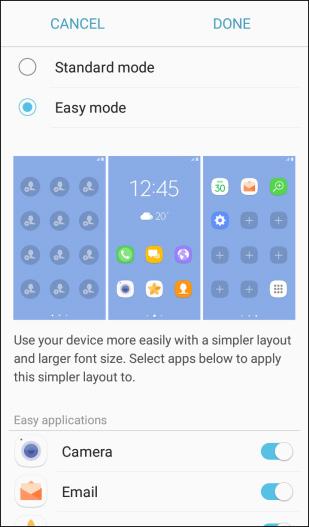 Easy Mode Easy mode provides a simpler experience using your phone, with a simpler home screen layout and simpler app interactions.