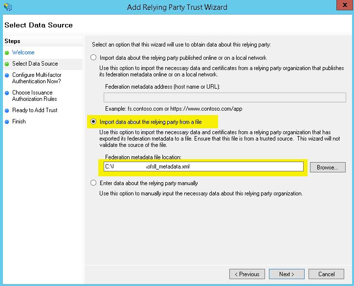 » Select Import data about the relying party from a file option and provide the path where