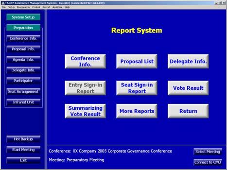 Editing screen page contents: includes add text, picture, delegate s photo, voting results, etc. Select the page to display when conference event starts.