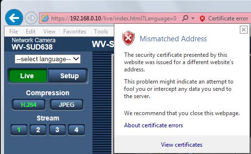 12 Configuring the network settings [Network] 2. When the security alert window is displayed, click Continue to this website (not recommended). The Live page will be displayed.