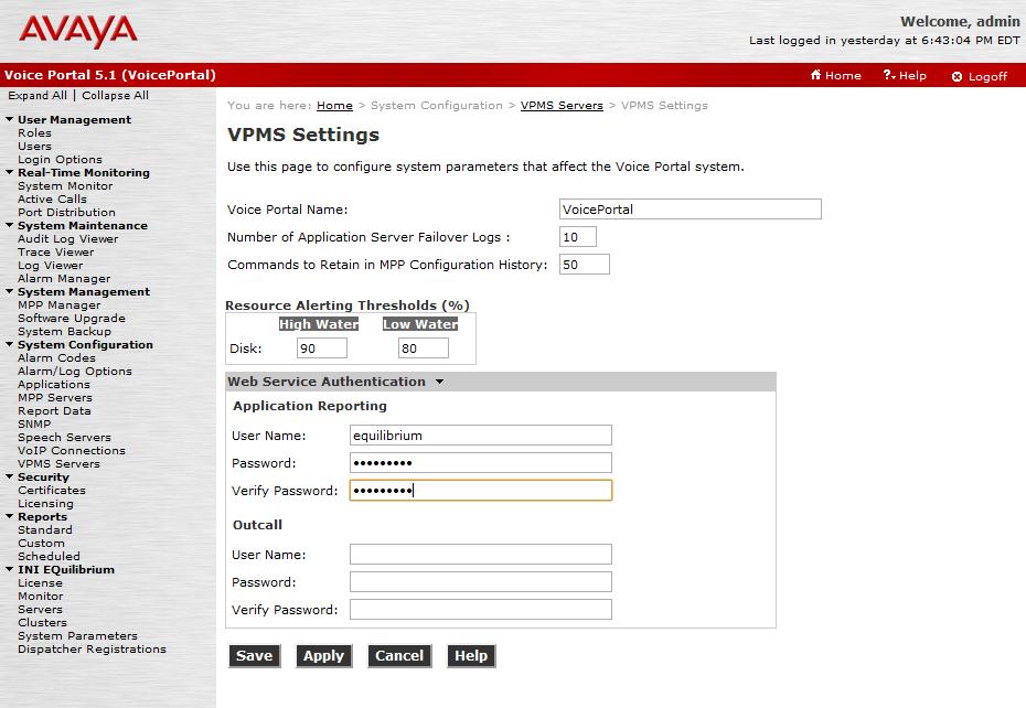 In the VPMS Settings screen, specify a User Name and Password