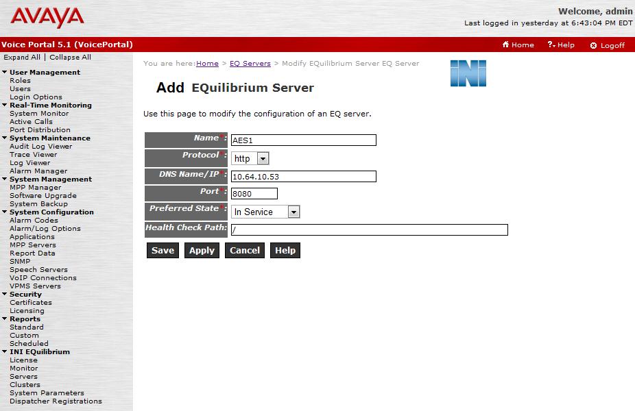 4.2.3. Configure Application Servers Click on Servers under INI EQuilibrium. In the EQuilibrium Servers screen (not shown), click on the Add button. The Add EQuilibrium Server screen is displayed.