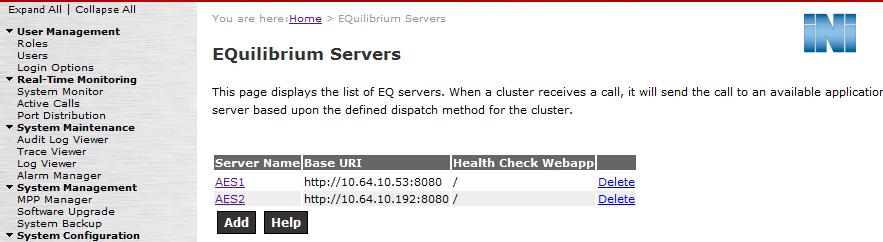 Repeat the above procedure for the second application server. Once the application servers have been configured, they will be listed in the EQuilibrium Servers screen shown below. 4.