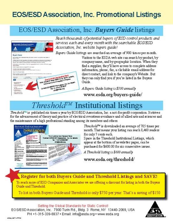 Buyers Guide and Threshold Listings Reach thousands of potential buyers of ESD control products and services each and every month with the searchable website buyers guide!