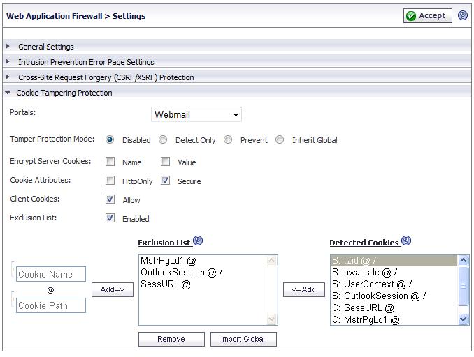 This feature is found on the Web Application Firewall > Settings page. This page contains the following options: Portals A list of all application offloading portals.