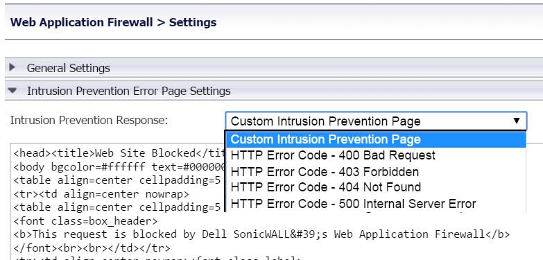 2 In the Intrusion Prevention Response drop-down list, select the type of error page to be displayed when blocking an intrusion attempt.