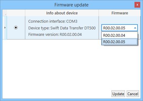 Setup Figure 8: Updating the firmware version on Swift DT500 4. If firmware update is necessary, select your device and the latest firmware version. Click Update to load the latest firmware version.