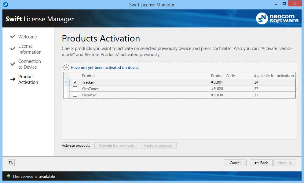 Figure 10: Activating licensed features on Swift DT500 To verify the activated features, do any of the following: In the Swift License Manager application, select the Look