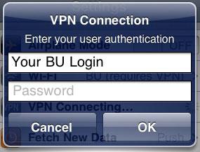 4. After the VPN gets connected, you will be prompted to enter your BU login name and Kerberos password. 5.