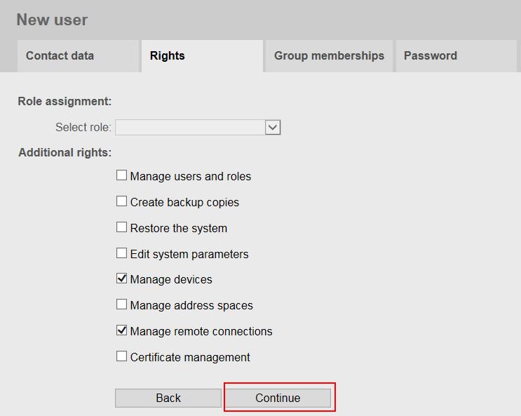 Siemens AG 2015 All rights reserved 3. The Rights tab is displayed. You have the following option to assign rights to the user: Rights assignment through role assignment: Select an existing role.