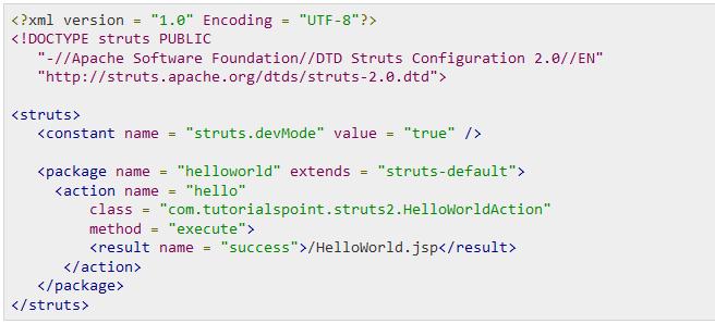Struts 2 - Hello World Example 7. Configuration Files- We need a mapping to tie the URL, the HelloWorldAction class (Model), and the HelloWorld.