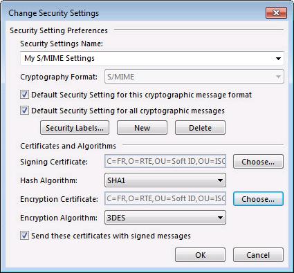 Page : 103/160 Make sure the settings are similar to the ones above (S/MIME, check boxes, certificates, algorithms); if the field Security Settings Name is empty, enter a label