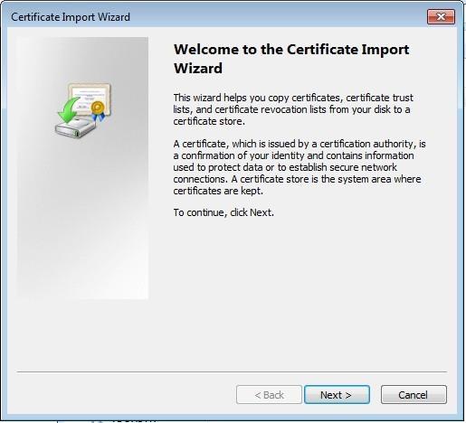The installation wizard of the certificate is displayed: Click Next.