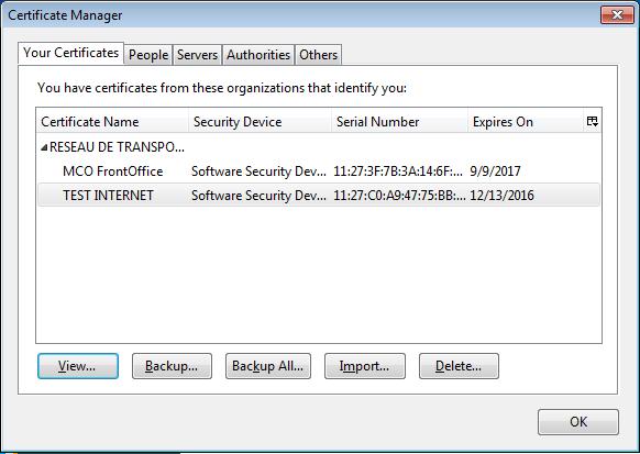 Page : 76/160 Select the tab Your Certificates. The certificate is a software certificate: indeed, the "Software Security Dev " indication appears at the right of its name.