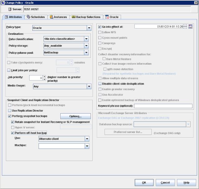 NetBackup for Oracle with Snapshot Client About configuring Snapshot Client with NetBackup for Oracle 182 To configure a snapshot policy 1 Open the policy you want to configure.