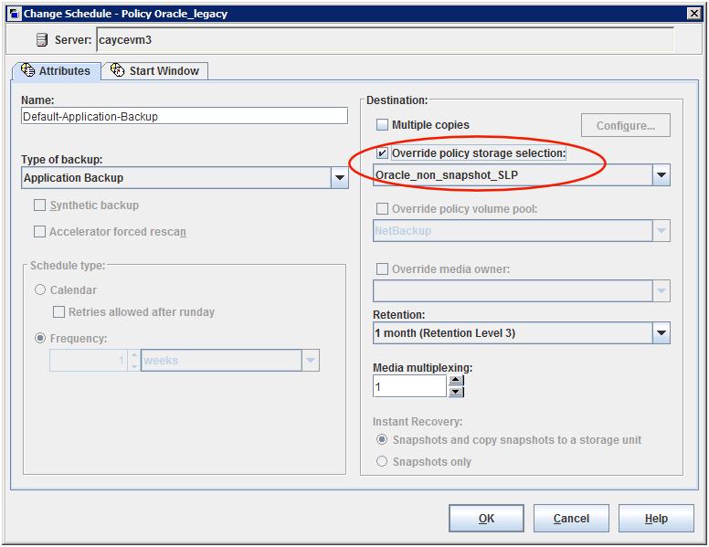NetBackup for Oracle with Snapshot Client About Oracle support for Replication Director 209 Create one Full Backup schedule: Name the schedule. Type of backup: Select Full Backup.