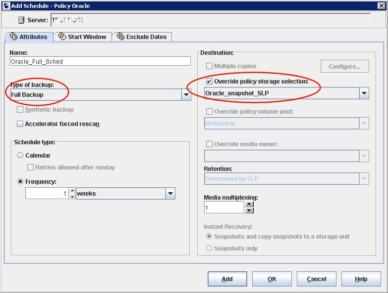 NetBackup for Oracle with Snapshot Client About Oracle support for Replication Director 210 9 Configure the schedule in the Start Window tab and the Exclude Days tab.