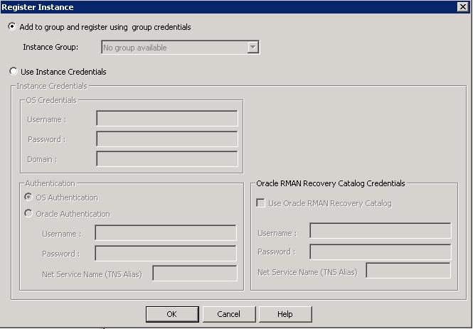 NetBackup for Oracle QuickStart Creating an Oracle policy 32 5 Right-click the desired instance and select Register to display the following Register Instance panel.