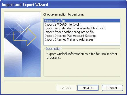 2. On the first screen of the Import and Export Wizard,