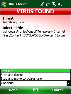 6. Virus found If a virus is found, ESET Mobile Security will prompt you to take an action.