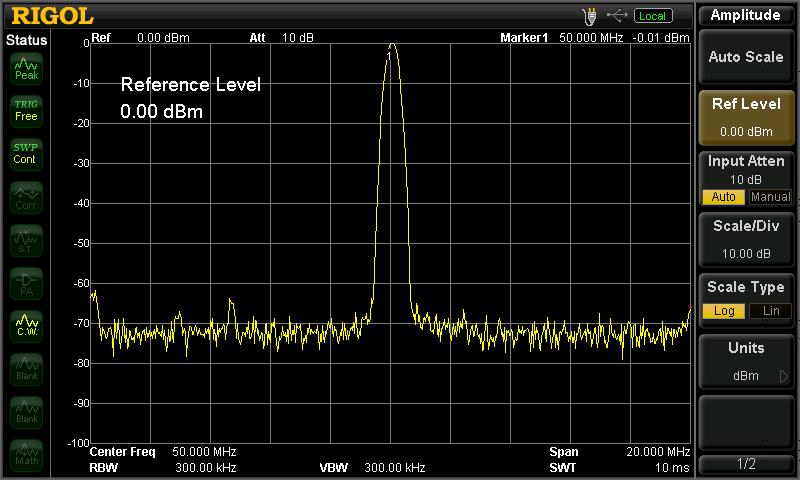 When all the steps above are finished, a 50 MHz RF curve will be shown on the analyzer. 7. Read Results The value of frequency and amplitude could be read from the Marker.